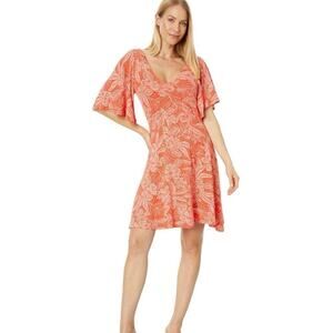 Rip Curl Rio Flutter Sleeve Ruched Criss Cross Back Jersey Floral Mini Dress Lrg
